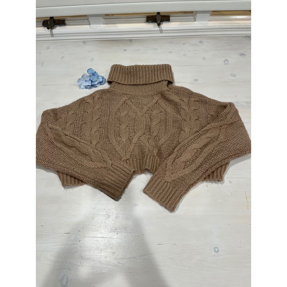 Olivaceous Womens Sweater Brown Turtleneck Long Sleeve‎ Cable Knit Cropped S